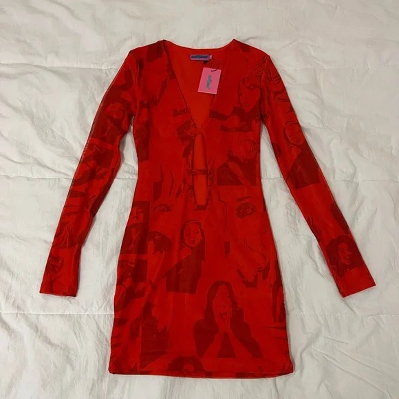Edikted Long Sleeve Cut Out Mini Dress | Sz: Xs | Color: Red